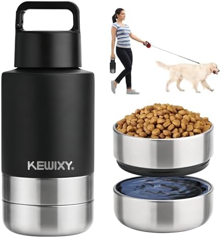 KEWIXY Insulated Dog Travel Water Bottle with Detachable Bowls, 3 in 1 Portable Dog Water Bottle Dispenser, Dog Accessories for Walking, Hiking, Camping, Outdoor (Black, 32 Oz) by KEWIXYofficial