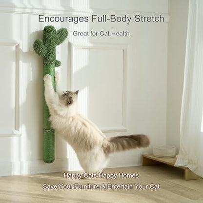 Wall Mounted Cat Scratcher, 35” Extra-Tall Vertical Sisal Scratching Post for Large Cats, Space-Saving Wall Cat Scratcher with Hanging Ball Toy, Cactus Design, Green - Image 6