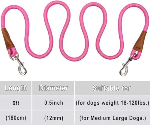 6 Foot Dog Tie Out Rope Leash, Training Tie Down Nylon Dog Tether for Indoor, Porch, Deck, Camping, Outdoor and Front Yard (1/2" x 6ft, Pink) - Image 4