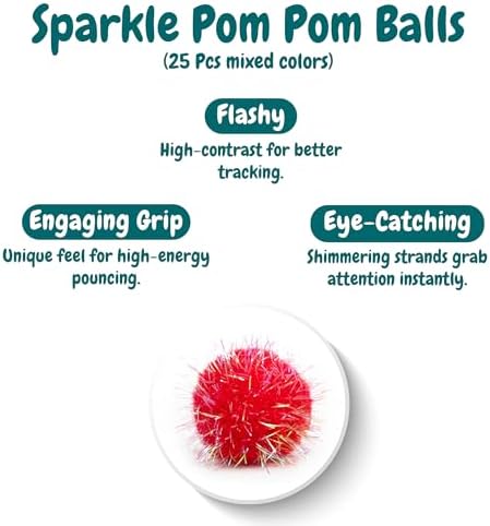50 Count 1.2 Inches Pom Pom Balls with Cat Ball Launcher, Interactive Cat Toy for Indoor Kittens, 25 Pcs Sparkle and 25 Pcs Simple Pompoms are Included for Exercise, Training & Boredom Relief - Image 7