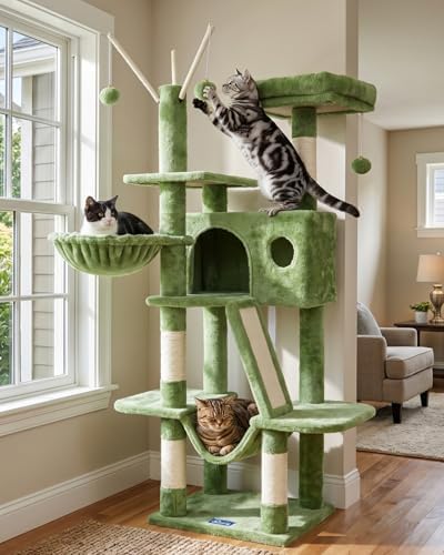 Hey-brother Cat Tree Tower with Padded Platform Bed, Hammock, MPJ019-SGR by Hey-brother