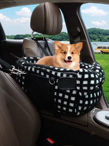 Prpeko Portable Dog & Cat Car Seat - Under 13 lbs, With Cozy Bow Neck Pillow (Grid-Black) - Image 2