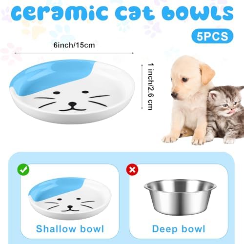 Hillban 5 Pcs Ceramic Cat Food Plate Set, 6'' Shallow Dish, Multicolor, Cat - Image 2