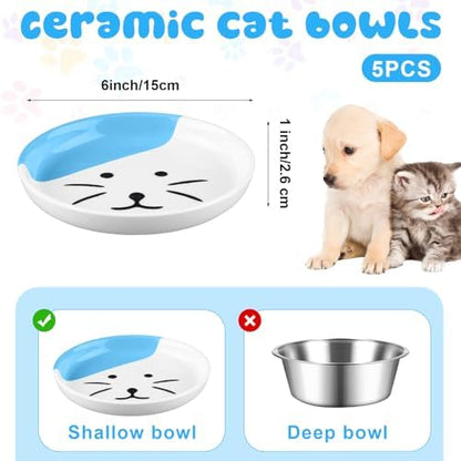 Hillban 5 Pcs Ceramic Cat Food Plate Set, 6'' Shallow Dish, Multicolor, Cat - Image 2