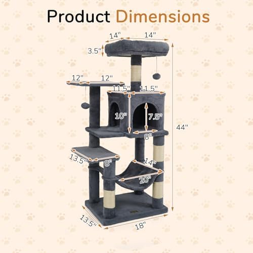 DORTALA Cat Tree for Indoor Cats, 44" Modern Cat Tower with Top Perch, Condo, Hammock, Sisal Scratching Posts, Dangling Balls, Platforms, Multi-Level Pet Climbing Furniture Playground (Grey) - Image 7