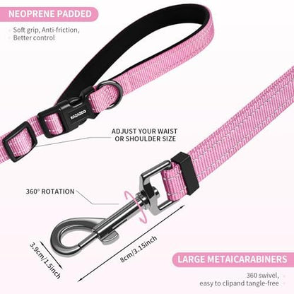 Kazazoo Hands-Free Dog Leash Adjustable Length 5-8 Ft,Waist & Crossbody Leash for Walking with Small Dogs Bichon Frisé & Teddy Reflective Strips, Ballistic Nylon, Waist Belt, Lightweight Pink - Image 5