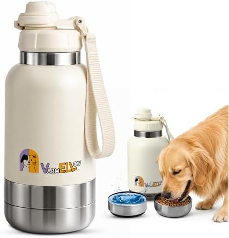 Dog Water Bottle Portable (32Oz) Double-Wall Insulated Stainless Steel with 2 Removable Bowls - Leak-Proof Dog Travel Water Bottle with One-Hand Open Lid for Walking, Hiking & Travel (White) by Unknown