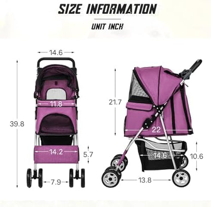 FDW 4 Wheels Pet Stroller Folding Dog Cat Jogger Stroller with Storage Basket &Cup Holder Portable Lightweight Travel Carrier, Purple - Image 7