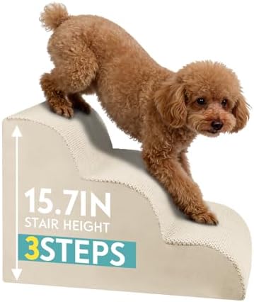 Dog Stairs for Small Dogs, Pet Stairs Steps Ramp for Puppy, Older Cat, Stairs with Whole High Density Foam, Corduroy Fabric, Non-Slip Bottom Dog Steps for Bed and Couch (Beige, 3-Step (H: 15.7IN)) by Unknown