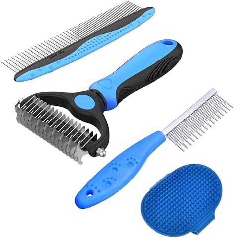 4 Pack Pet Grooming Combo - Blue Deshedding Brush,With Metal Comb,Bath Brush, With Long & Short Stainless Steel Teeth Depilatory Comb For Detangling And Dematting Long, Matted Fur On Cats And Dogs by Jigfew