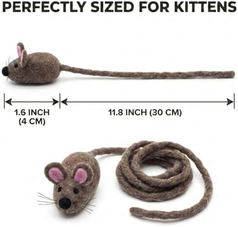 Glaciart One Mini Felt Mouse Cat Toy – Kitten & Small Cat Size, Natural Wool Catnip Toy, Soft Fuzzy Interactive Play Toy for Indoor Kittens, Safe Non-AZO Dyes, 1.4” Body with 12” Tail - Image 2