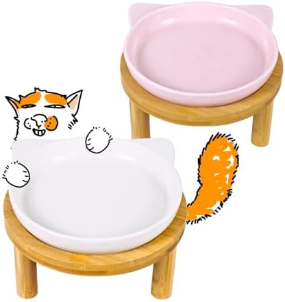 Elevated Ceramic Cat Bowls with Bamboo Stand for Cat Bowl, Whisker Friendly Shallow Cat Plate, Stable Raised Cat Food Riser for Indoor Cats (Pink+White, Plates with Stands(Set of 2)) by Tafelf