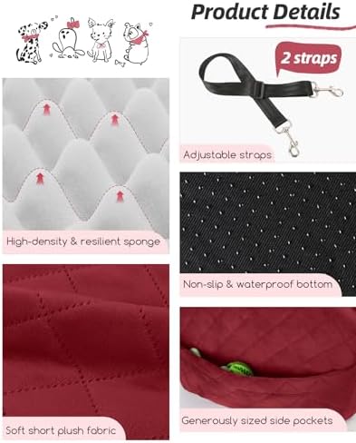 Lealchum Dog Car Seat for Small/Medium Dogs,6in Elevated Cushion,Fits in Front/Back Seat,Fully Detachable and Washable,2 Storage Pockets,Easy to Install (Red, Medium) - Image 5