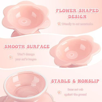 Hushee 2 Pcs Ceramic Raised Cat Bowls 7 oz Flower Shaped Cat Food Dish Stress Free on Neck and Spine Dishwasher Safe Feeding Bowls for Small Kitten - Image 3