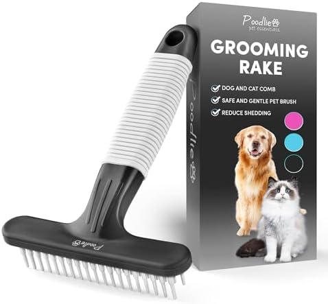 POODLIE Poodle Pet Dog Grooming Rake | Dematting Tool with Stainless Steel Shedding Comb for Pets | 2 Rows of Pins Gently Remove Loose or Tangled Hair from Undercoat (Black) by Poodlie
