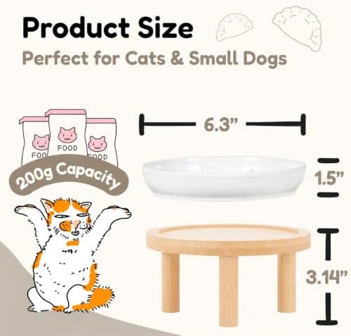 Slow Feeder Cat Bowls with Bamboo Stand, Ceramic Elevated Pet Food Plates for Cats and Small Dogs, Raised Non-Slip Feeder (White/6.3") - Image 2
