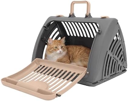 SportPet LARGE Hard-Sided Travel Cat Carrier - Cat Carrier with Patented Wide Side-Opening Door, Foldable Portable Pet Carrier with Removable Bed for Cats & Small Pets up to 25lbs - Gray/Tan by SportPetDesigns