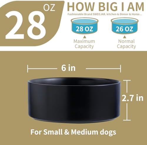 Black Elevated/Raised Dog Bowl Ceramic with Wood Stand for Small Medium Breed,Dog Food Water Dish Heavy, 6 in Non Slip Modern Cute Porcelain Pet Bowl - Image 3