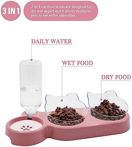 Triple Cat Bowls,15°Tilt 3-in-1 Water Feeder Bowls Cat Double Food Bowls with Automatic Water Bottle Bowl, Whisker Friendly Wet and Dry Cat Elevated Feeding Dishes for Small Cat and Puppy (Pink) - Image 2