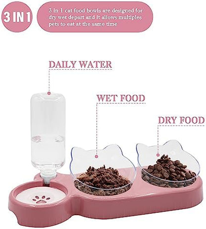 Triple Cat Bowls,15°Tilt 3-in-1 Water Feeder Bowls Cat Double Food Bowls with Automatic Water Bottle Bowl, Whisker Friendly Wet and Dry Cat Elevated Feeding Dishes for Small Cat and Puppy (Pink) - Image 2