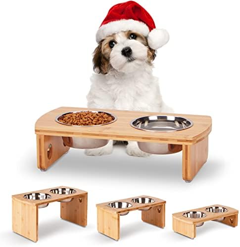 Elevated Dog Bowls, Bamboo Raised Dog Bowl for Small Dogs & Cats, with 2 Stainless Steel Bowls (4'' Tall-20oz Bowl) by JoyoPawFamily