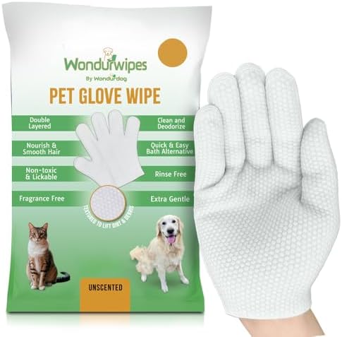 Wondurdog Pet Glove Wipes for Dogs and Cats, No Rinse Grooming, 12 Count by Wondurdog