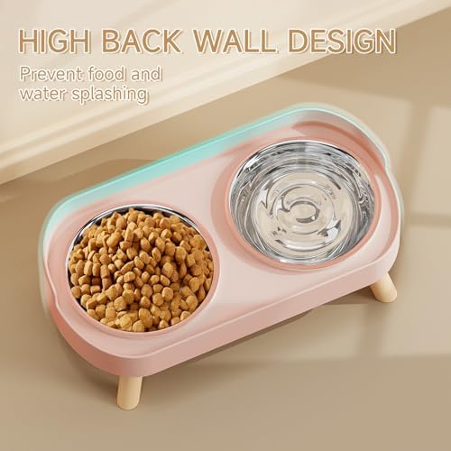 Elevated Cat Bowl, Raised Cat Food and Water Bowl Set for Indoor Cats, Splash Proof with 2 Stainless Steel Pet Food Bowls for Cats and Puppies, Whisker Fatigue and Dishwasher Safe - Pink - Image 2