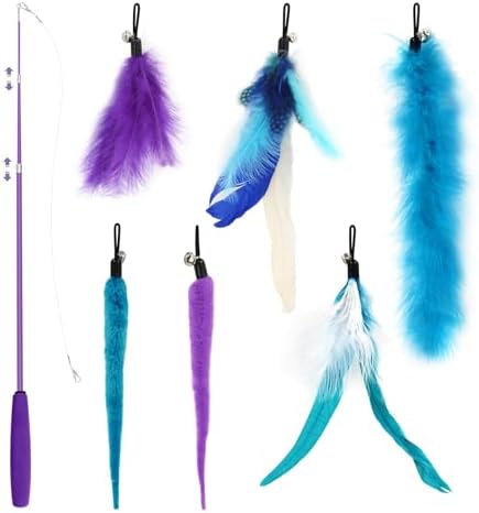 SONGWAY Interactive Cat Feather Toy Set - Retractable Teaser Wand with 6 Pcs Feather Refills with Bell, Cat Wand Toys for Indoor Cats Kittens Play Chase Exercise, Blue by SONGWAY