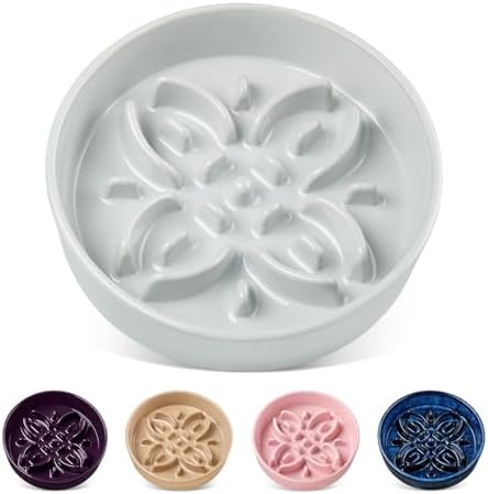 vancasso Ceramic Slow Feeder Dog Bowls, Puzzle Dog Food Bowls with Floral Maze, Anti -Slip Pet Food Dish for Small Breed, 0.6 Cups, Grayish Cyan by vancasso