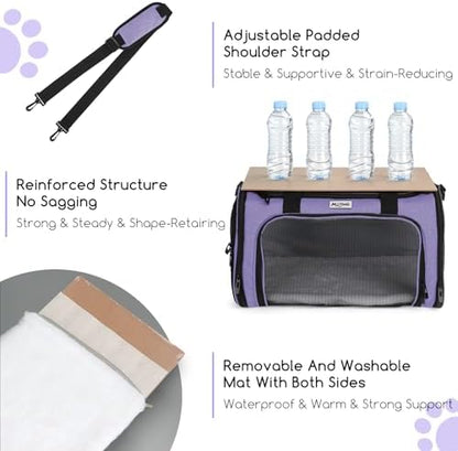 Pet Carrier for Cats & Small Dogs, Travel Carrier with Anti-Collapse Support, Chew Resistant Buckles, Luggage Sleeve, Multi-Pocket Storage, Reversible Mat & Bowl (Purple, Medium (17.5"x11"x11.5")) - Image 5