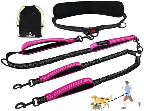 Hands Free Double Dog Leash for Two Dogs- No Tangle No Pull Dual Leash with Padded Adjustable Waist Belt & Reflective Stitching - Ideal for Running, Jogging, Hiking with Medium & Large Breeds by LEOSASA