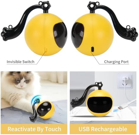 Electric Interactive Cat Feather Toy Ball for Indoor Cats,Turbo Tail Mouse Chase with LED Remote Control Cat Toy,Electric Automatic Moving Ball, Motion Activate Chirping Bird Sound Yellow - Image 2