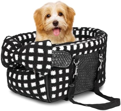 Prpeko Portable Dog & Cat Car Seat - Under 13 lbs, With Cozy Bow Neck Pillow (Grid-Black) by Prpeko