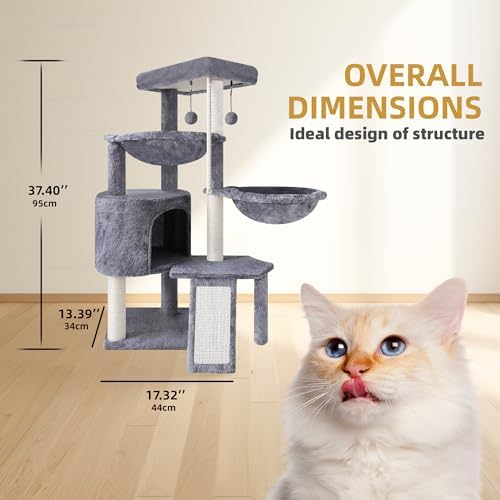 Three Layer Cat Tree with Cat Condo and Two Hammocks,Grey - Image 4