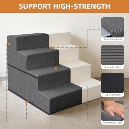 Dog Stairs for Small Dogs, 18" H, 4-Step Pet Steps for Bed Couch Sofa and Chair, Non-Slip Balanced Pet Ramp for Injured & Senior Pets with Washable Cover and Durable High Density Foam, Grey - Image 5
