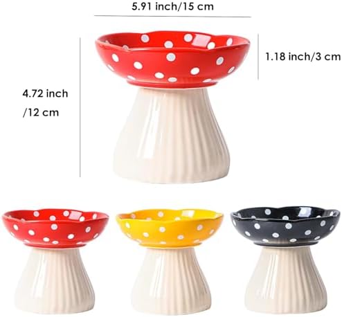 Raised Cat Bowl, Cute Mushroom Pet Feeder, Elevated Small Dog Food Bowl, Ceramic Raised Pet Bowls for Food and Water, Wide Shallow Cat Dish, Whisker Fatigue (Red) - Image 2