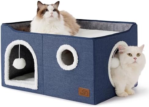Bedsure Extra Wide Cat House Bed with Fluffy Ball and Scratch Pad,Blue by BEDSURE