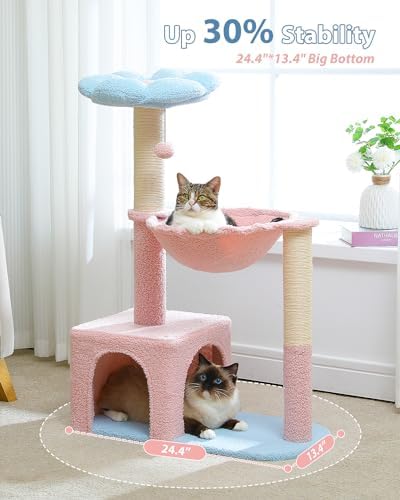 MUTTROS Flower Cat Tree with Large Metal Frame Hammock, 35" Pink Cat Tower with Sisal Scratching Posts for Small Indoor Cats, Cat Condo with Blue Top Perch for Kittens, Fluffy Ball, Pink - Image 3