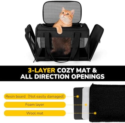 Hipubby Cat Carrier Dog Carrier for Pets Up to 16 Lbs, Soft-Sided Pet Travel Carrier for Cats and Small Dogs, Airline Approved Pet Carrying Case with Shoulder Strap & Removable Mat - Black - Image 2