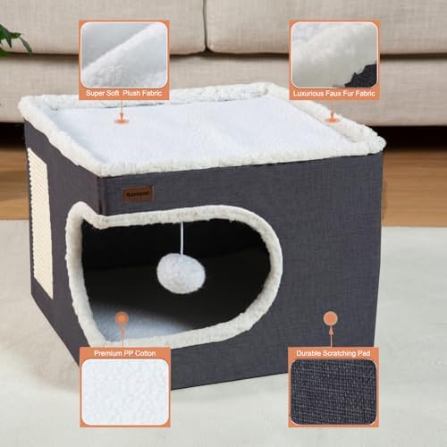Garnpet Cat Bed for Indoor Cats Cube House, Covered Cat Cave Beds & Furniture with Scratch Pad and Hideaway Tent, Cute Modern Cat Condo for Multi Small Pet Large Kitten Kitty, Dark Grey - Image 4
