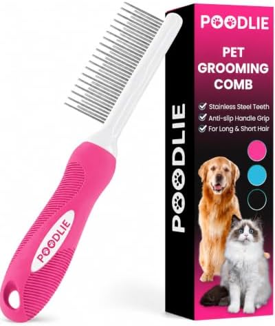 Poodle Pet Detangling Pet Comb with Long & Short Stainless Steel Teeth for Removing Matted Fur, Knots & Tangles – Detangler Tool Accessories for Safe & Gentle DIY Dog & Cat Grooming (Pink) by Poodlie