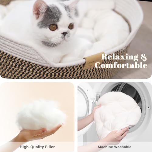 CHEERHOME PETS Handwoven Cat Basket Bed Cooling for Indoor Cat with Cushion - Image 3