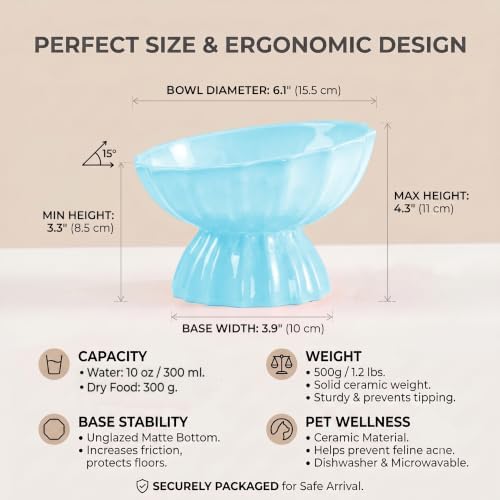Lotus Ceramic Elevated Cat Bowl, 15° Tilted Raised Cat Dish for Food and Water, 6.1" Extra Wide Whisker-Friendly Shallow Bowl, One-Piece Anti-Vomiting Pet Feeder for Cats and Small Dogs (Blue) - Image 2