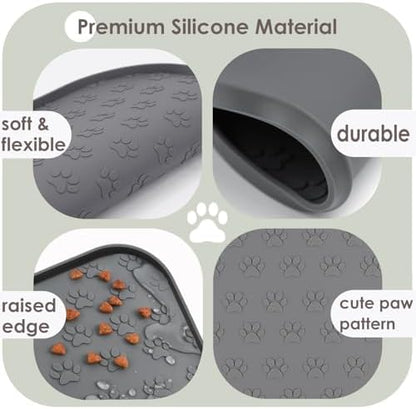 2 Pack Pet Feeding Mats, Waterproof Anti-Slip Placemats for Dog Cat Bowl Silicone Pet Food Mat, Raised Edge Prevent Spills on Floor & Carpet, Dishwasher Safe (2 Black, 11" x 11") - Image 3