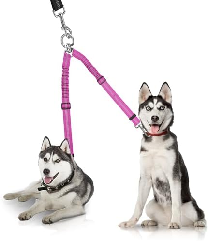 YAODHAOD Double Dog Leash,Two Dog Leash Splitter, No Tangle 360° Swivel Rotation Reflective Lead, Adjustable Length Bungee Heavy Duty Walking Training Dual Extension (Rose Red) by YAODHAOD