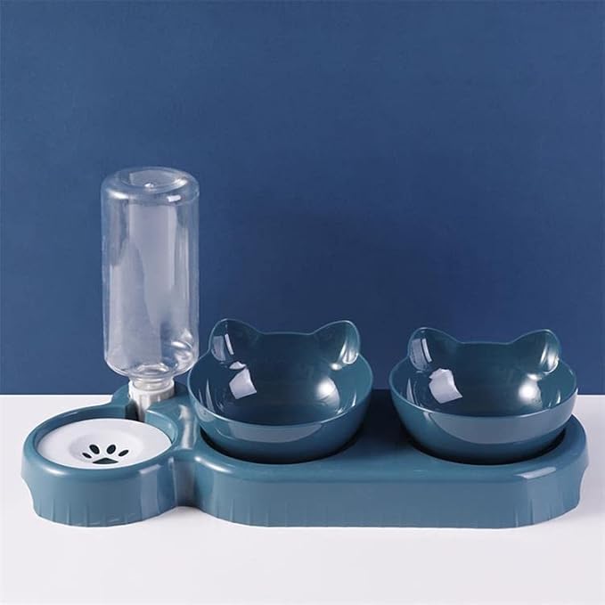 Triple Cat Bowls for Food and Water, Plastic Raised Cat Dishes, Automatic Water Bottle 3 in 1 Pet Bowls 2 Food Bowls and Water Feeder Set Wet Dry Food Bowl Set for Cats Puppy Small Dogs (Grey)