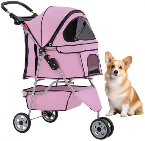 BestOffice Pet Stroller for Small Medium Dogs & Cats, 3-Wheel Foldable Dog Stroller with Cup Holder, Lightweight Travel Carrier, Waterproof Design for Outdoor Walks, Pink by BestOffice