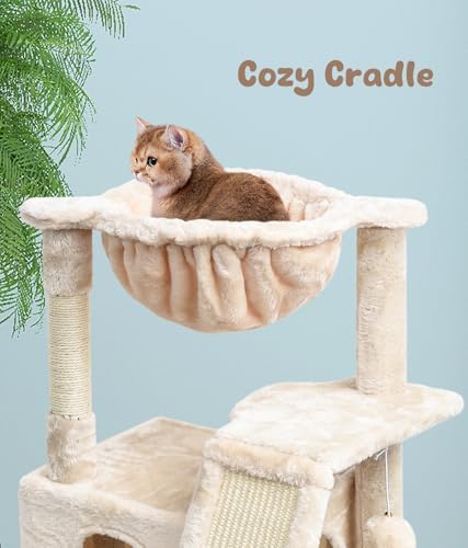 SYANDLVY Cat Tree for Indoor Cats Large Adults, Modern Activity Tower with Scratching Posts & Board, Condo with Plush Perch, Climbing Stand with Cradle & Hanging Ball for Play, Beige - Image 3