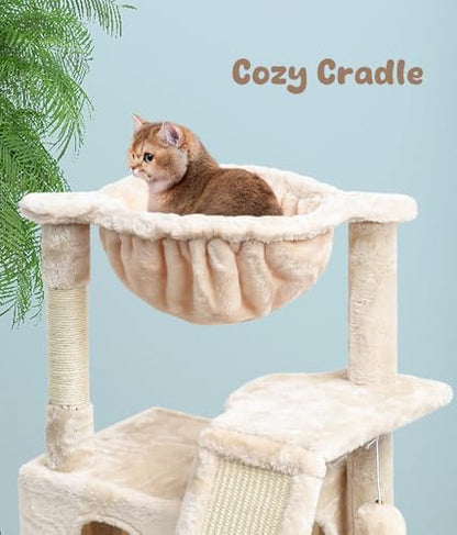 SYANDLVY Cat Tree for Indoor Cats Large Adults, Modern Activity Tower with Scratching Posts & Board, Condo with Plush Perch, Climbing Stand with Cradle & Hanging Ball for Play, Beige - Image 3