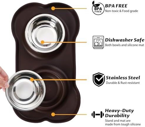 Hubulk Pet Dog Bowls 2 Stainless Steel Dog Bowl with No Spill Non-Skid Silicone Mat + Pet Food Scoop Water and Food Feeder Bowls for Feeding Small Medium Large Dogs Cats Puppies (Medium, Chocolate) - Image 2